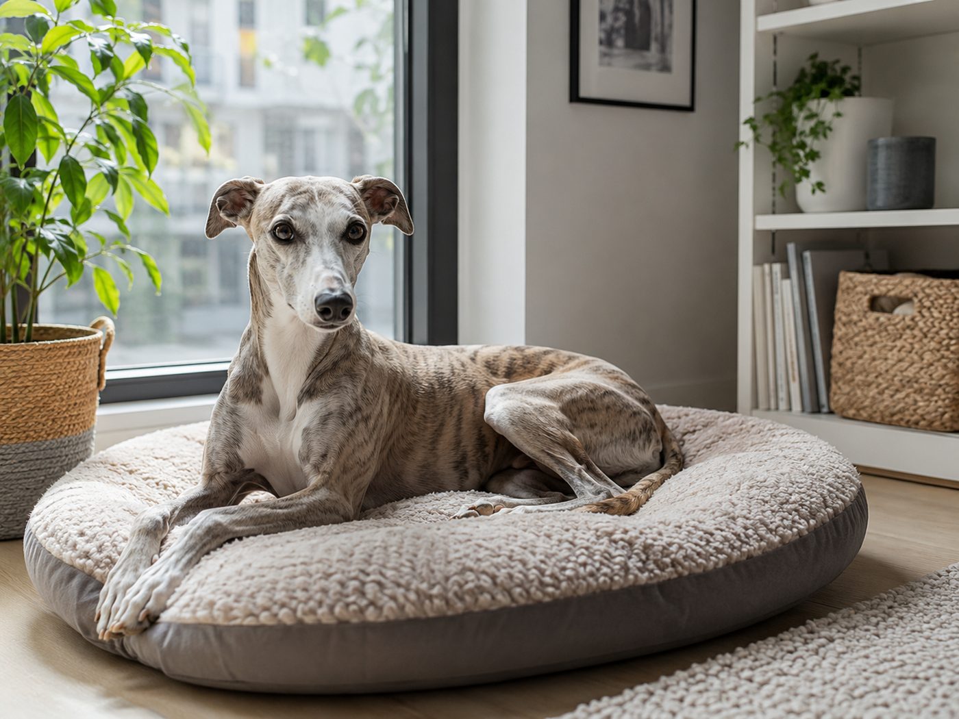A relaxed dog resting calmly on its bed by the window
