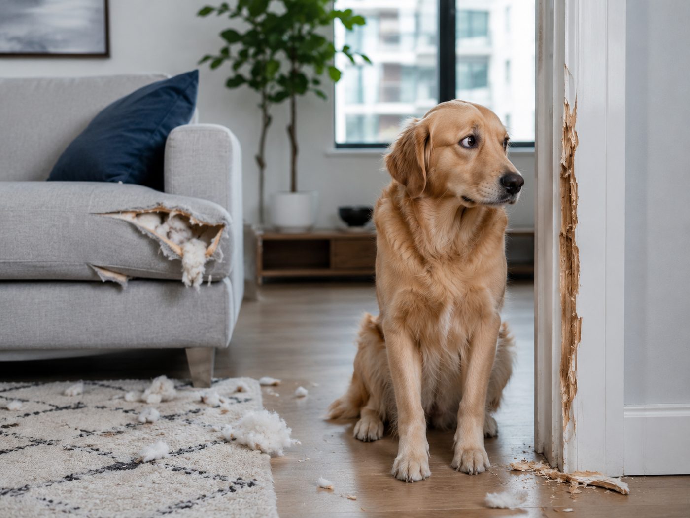 A dog sitting beside a chewed door frame and shredded paper in an apartment