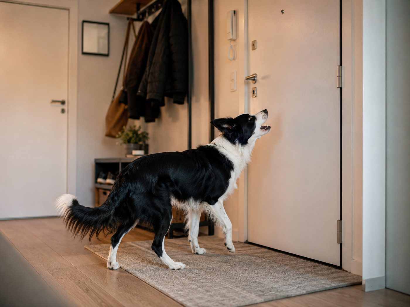 A dog watching and waiting by the front door of an apartment