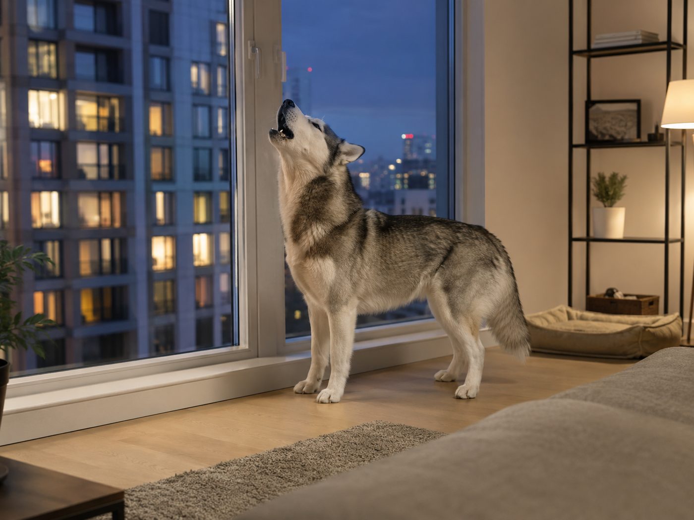 A husky howling by the window while home alone in an apartment