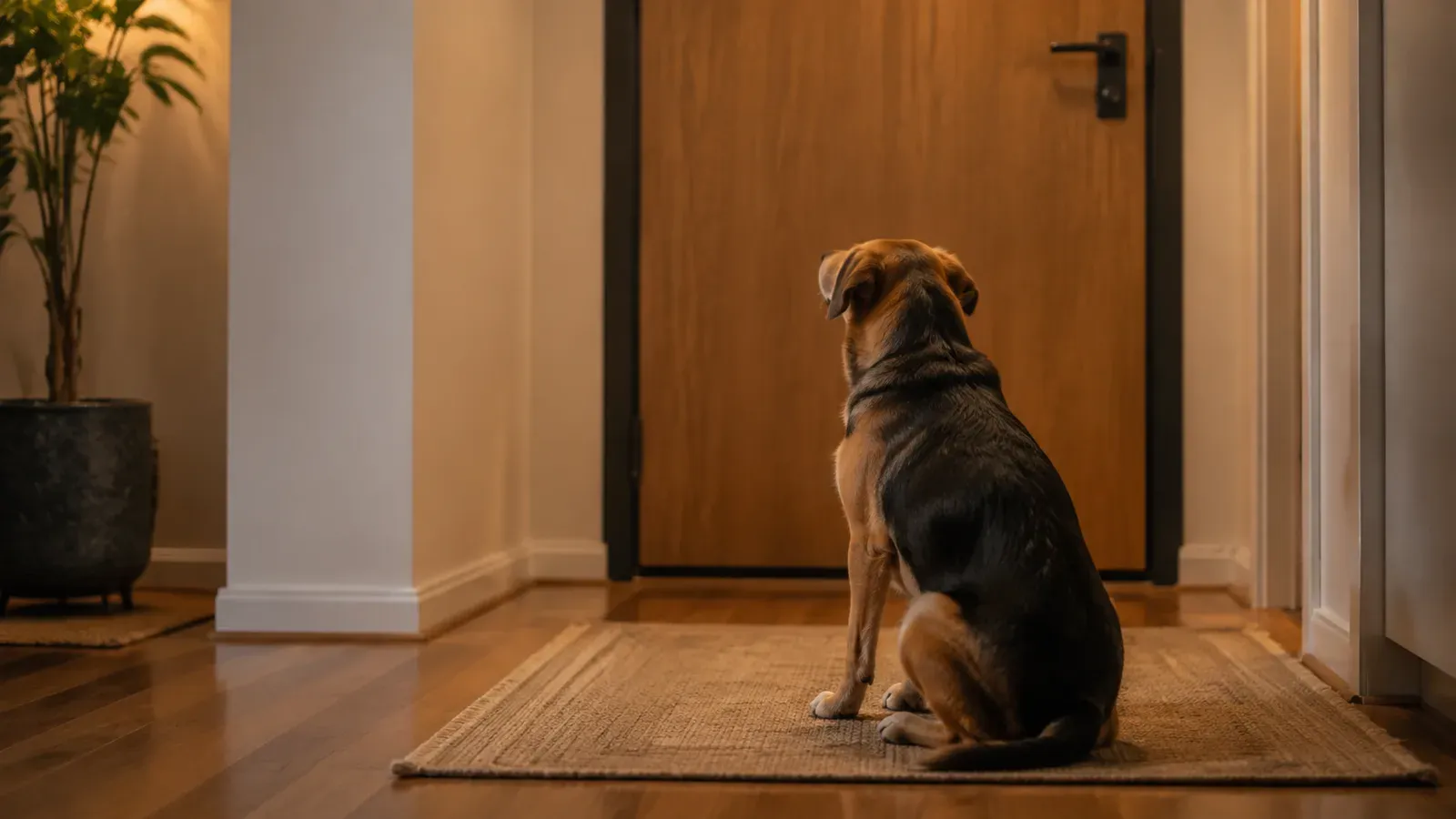 A medium-sized dog sitting on a rug facing a closed front door in an empty hallway