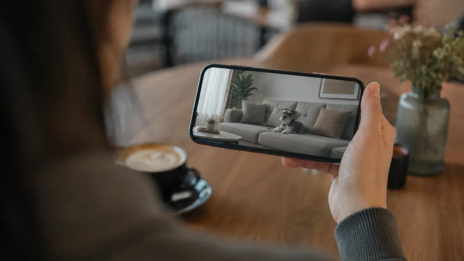 A hand holding a phone showing a plain camera view of a living room with a small dog on the sofa