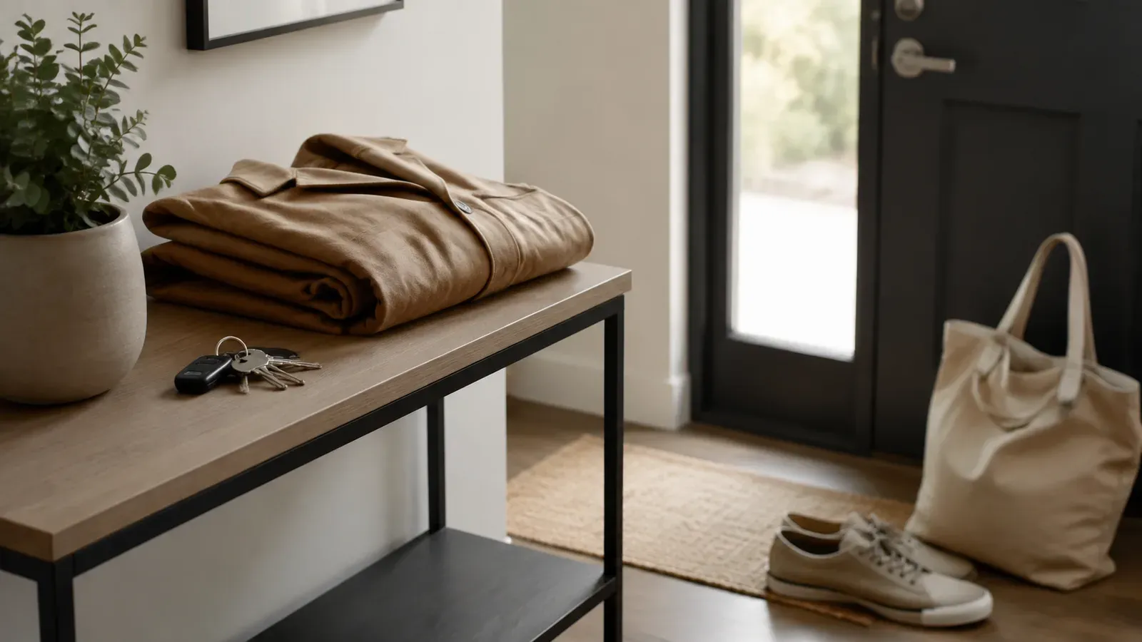 Keys, a folded coat, shoes and a canvas bag arranged on a console table beside a front door