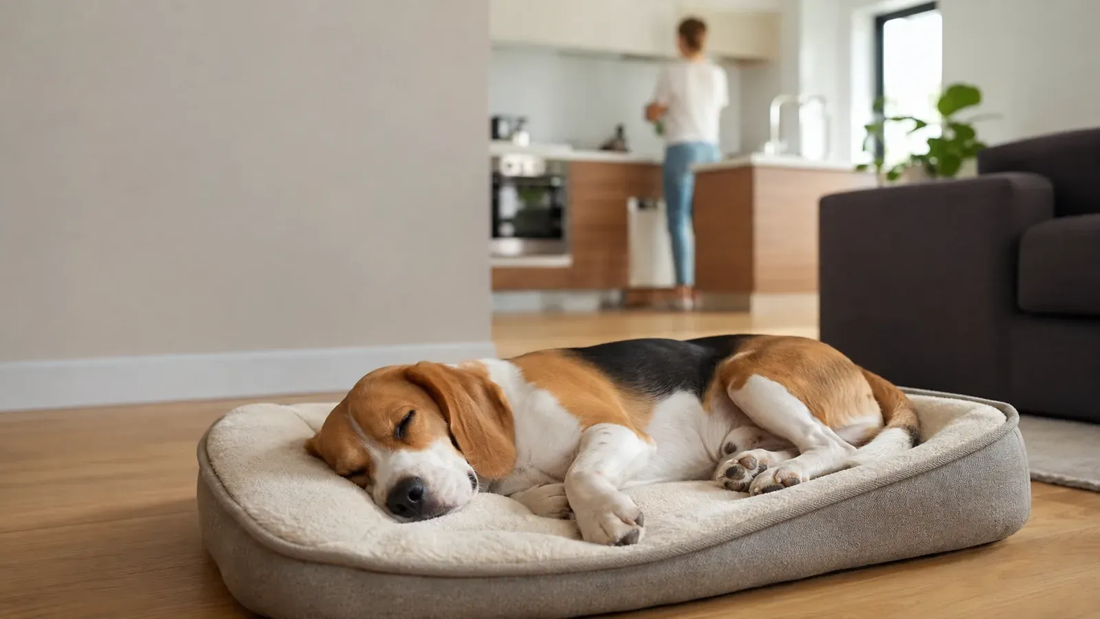 A beagle asleep on a dog bed in a living room while its owner moves around the kitchen in the background