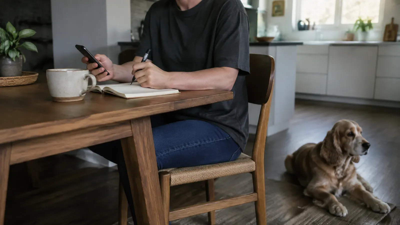 A person at a kitchen table making a note on their phone while a cocker spaniel rests on the floor nearby