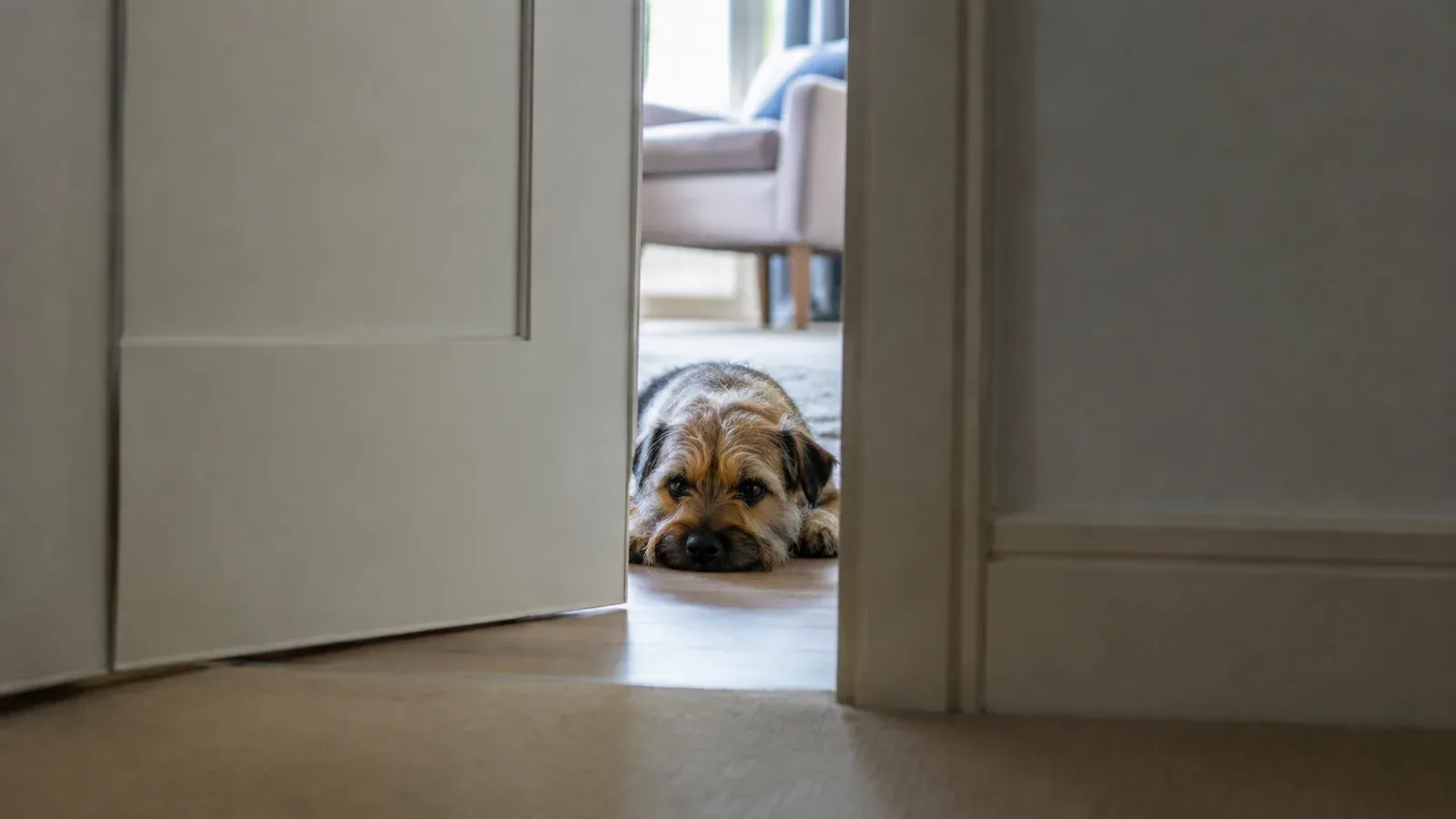 An interior door standing slightly ajar with a small terrier lying calmly on the floor beyond it