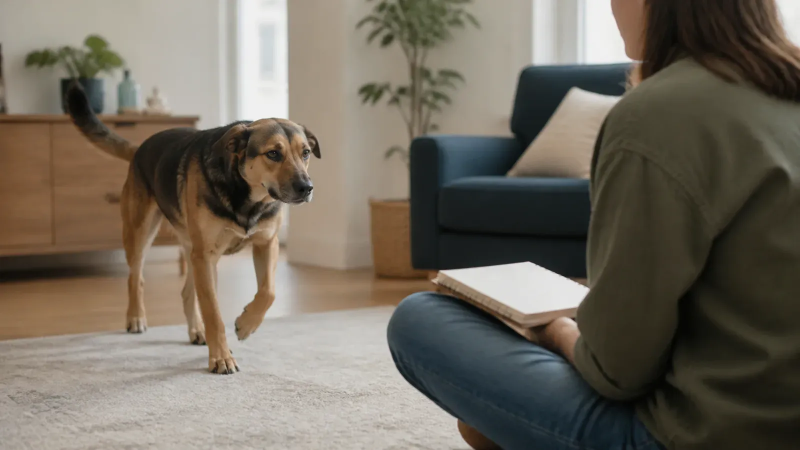 A person sitting on a living room floor with a notebook, watching quietly as a dog chooses to approach them
