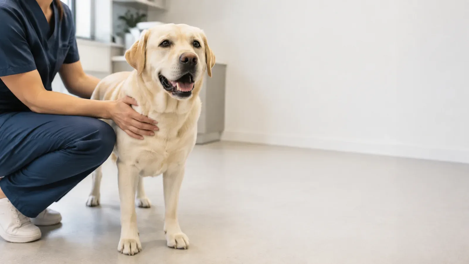 A calm labrador standing in a bright consulting room while a veterinarian crouches beside it with a hand on its shoulder