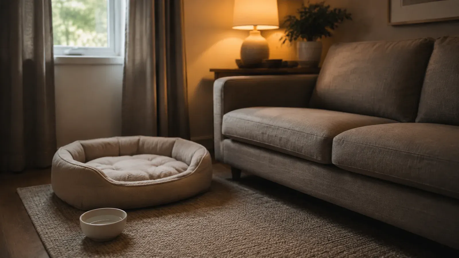 An empty comfortable living room set up for a dog left alone, with a soft bed near the sofa and curtains partly drawn