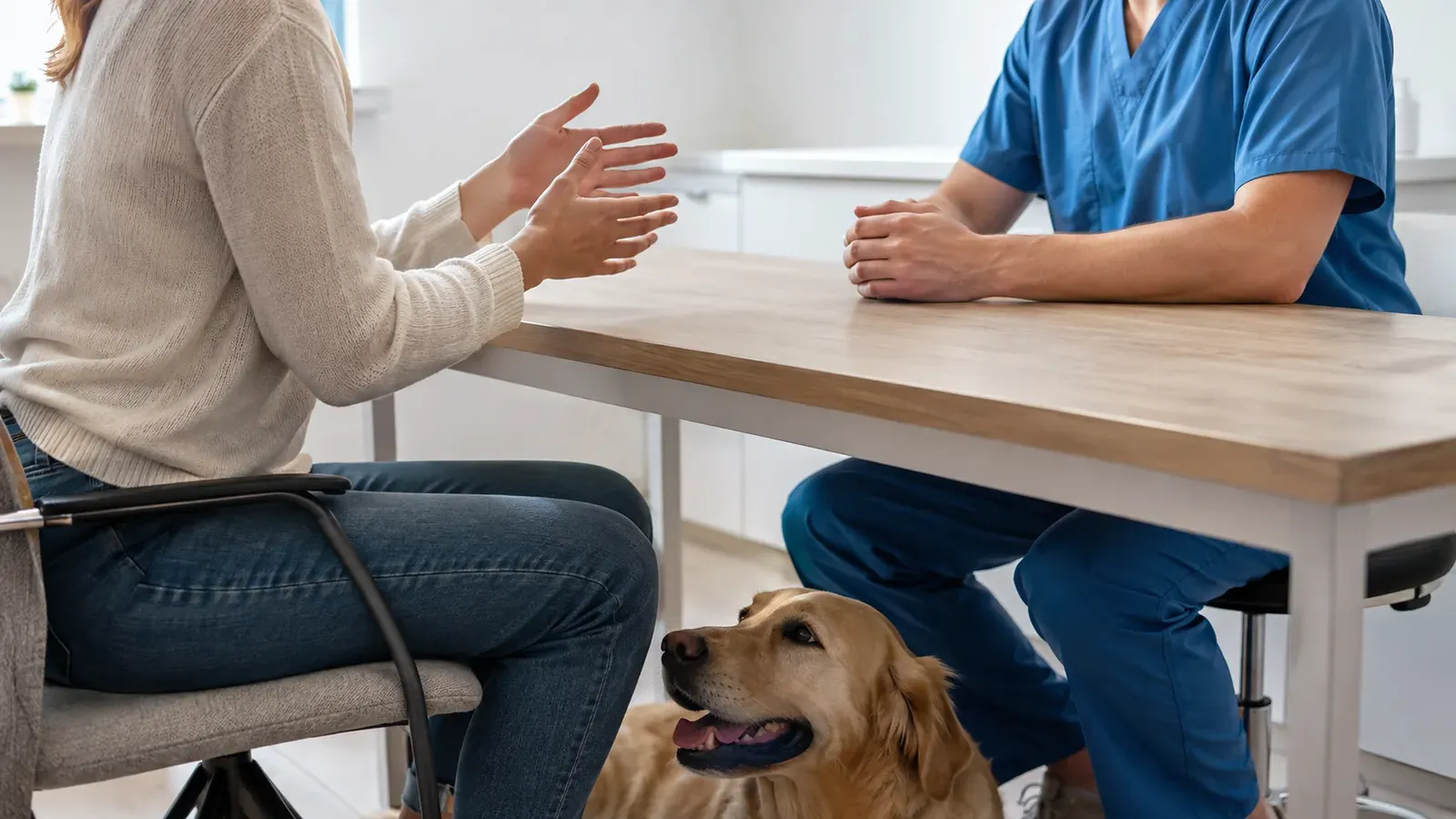 An owner and a veterinarian talking across a consulting room desk while a relaxed dog sits at their feet