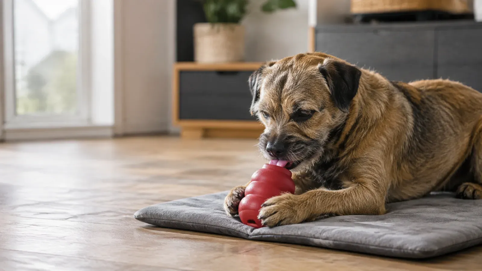 A border terrier lying on a mat, holding a red rubber food toy between its paws and licking at the opening