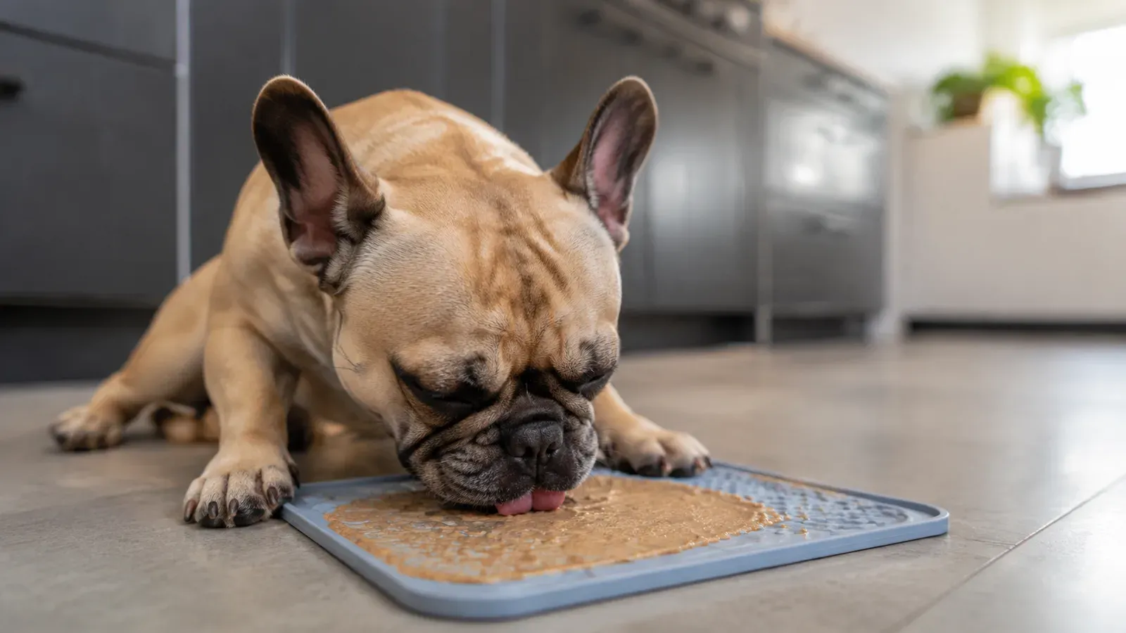 A dog licking a silicone mat spread with soft food on a kitchen floor, eyes half closed and relaxed