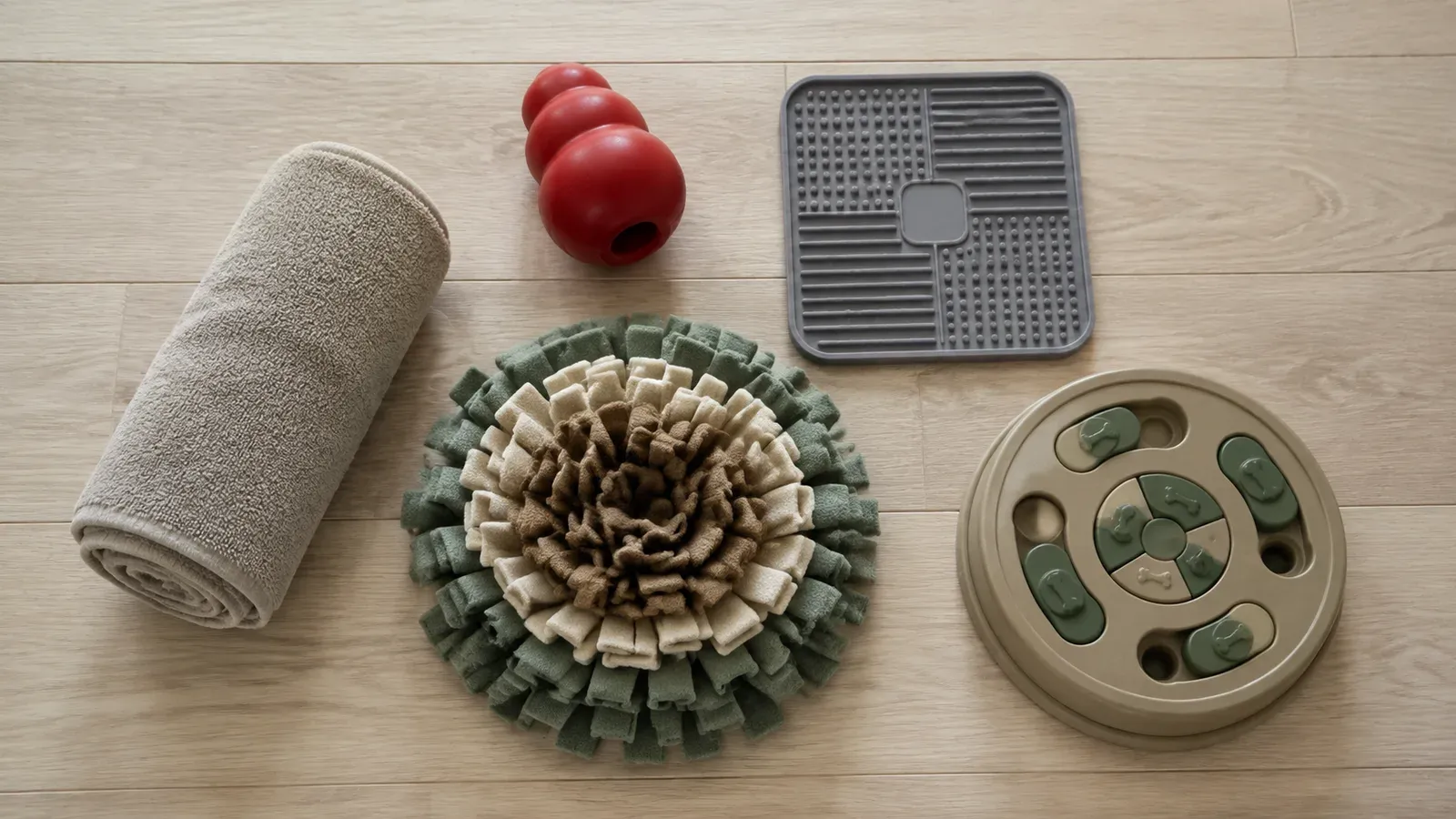 An overhead arrangement of safe enrichment items on a pale wooden floor: a rubber food toy, lick mat, snuffle mat, rolled towel and puzzle feeder