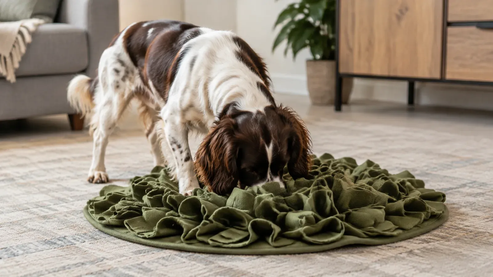 A spaniel nose-down in a green fabric snuffle mat on a living room rug, actively searching