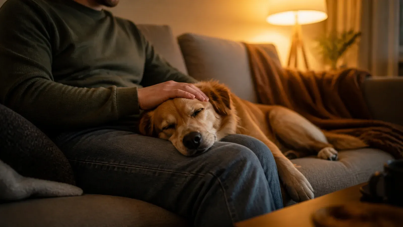 An owner and a dog resting together on a sofa in warm evening light, the dog's head on their lap