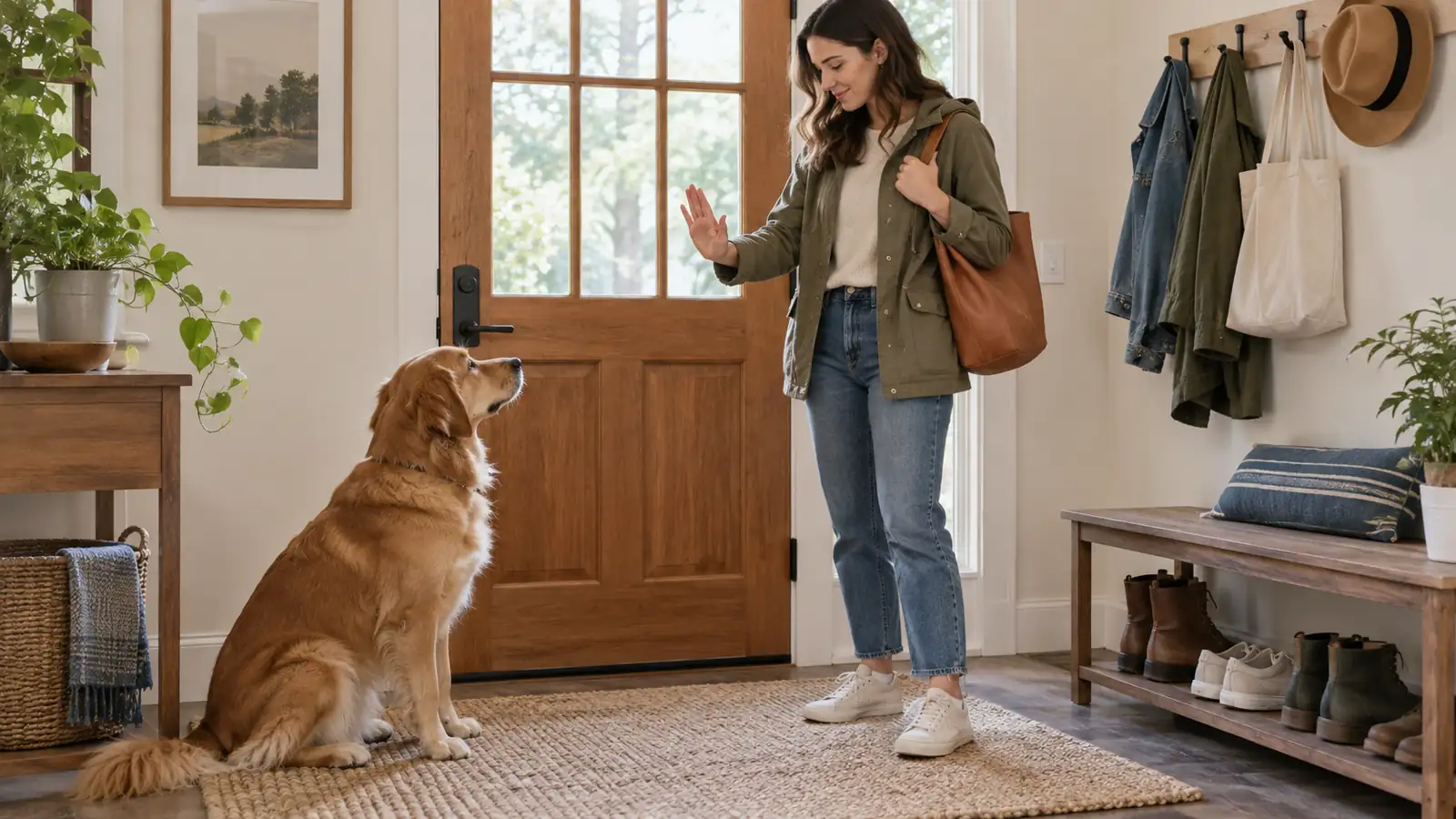 An owner giving a calm hand signal to a dog near the front door