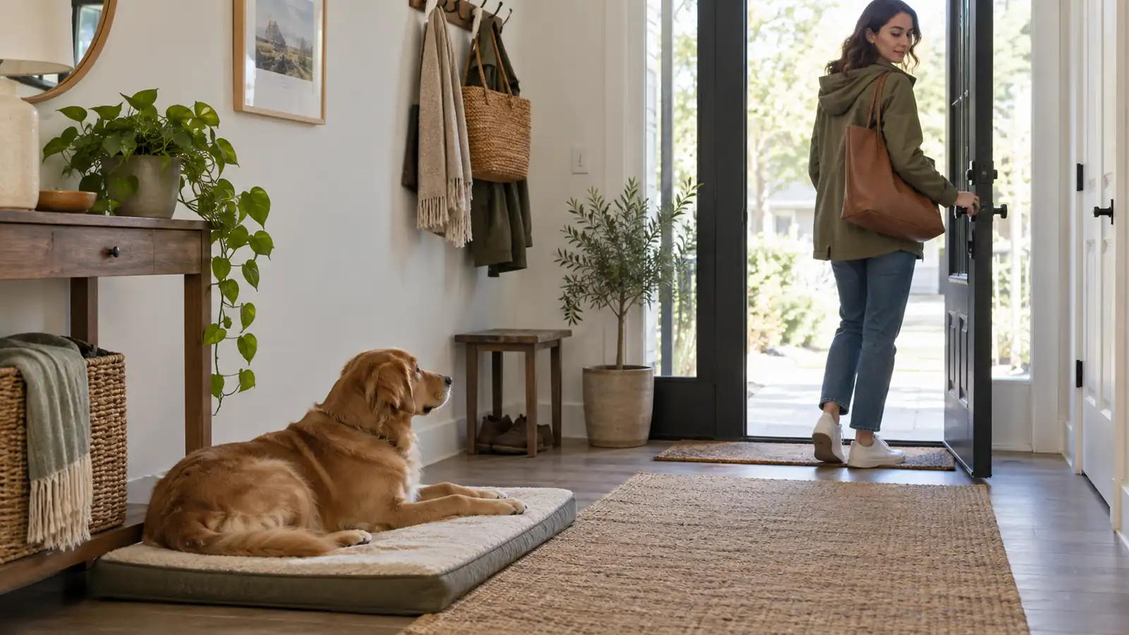 An owner calmly leaving through the front door