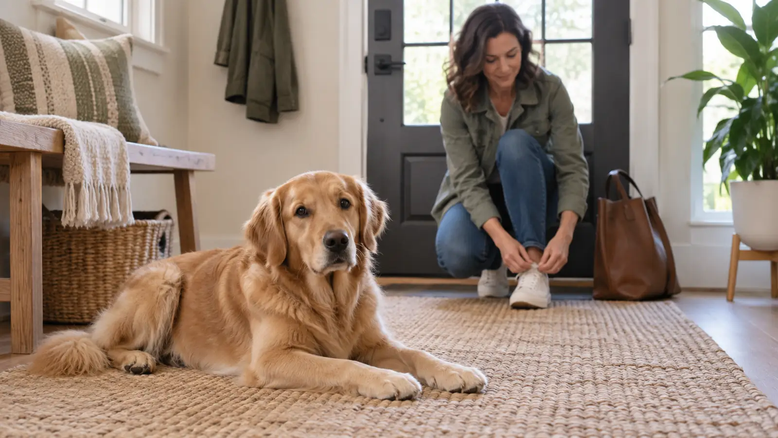 A dog lying relaxed near the door as its owner prepares to leave