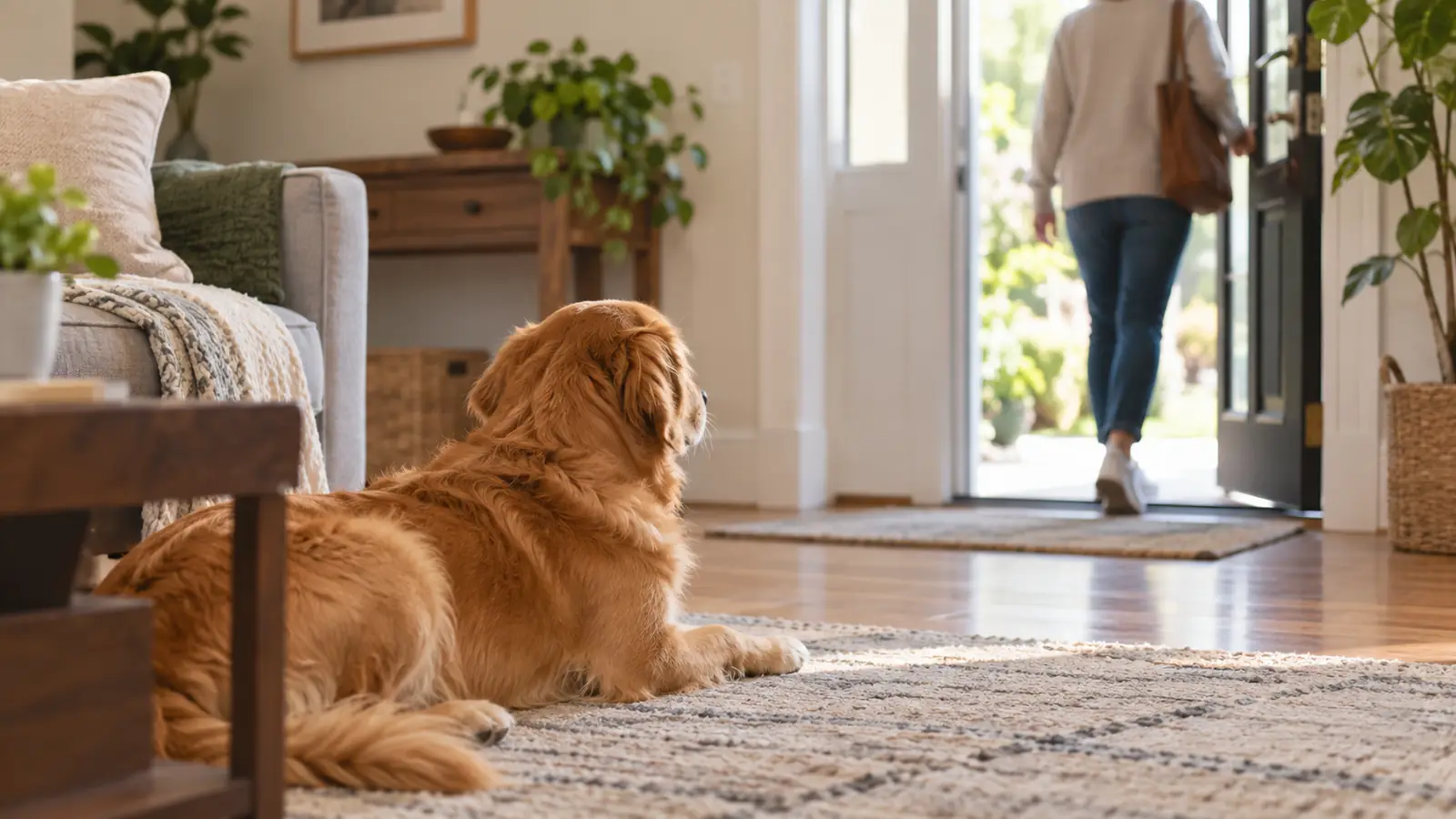 A dog watching its owner leave without visible distress