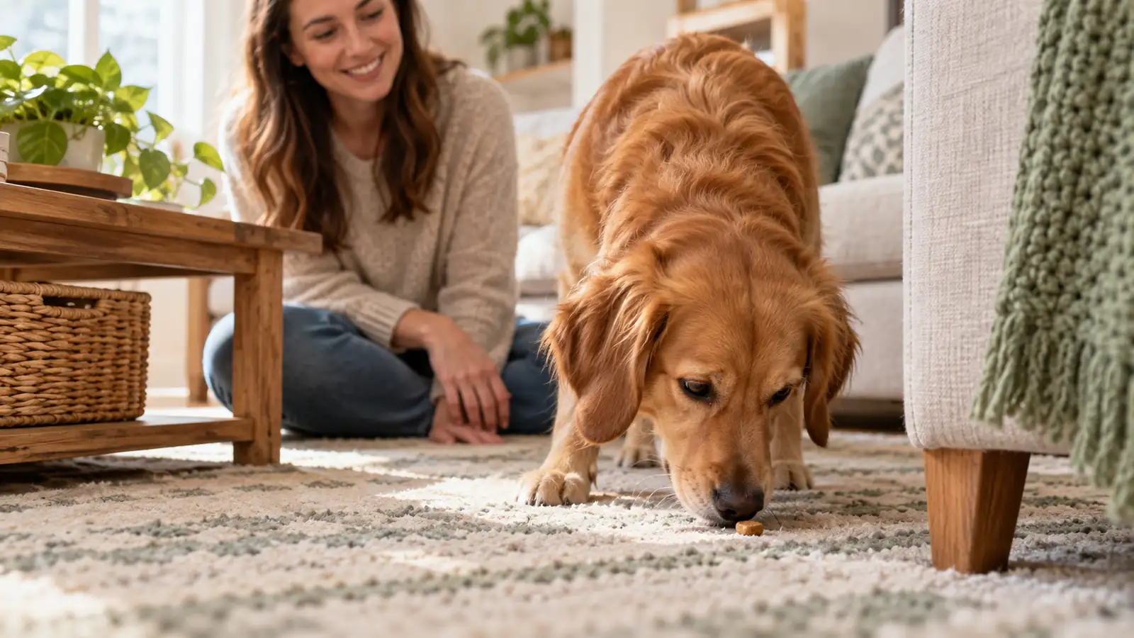 A dog successfully finding a hidden treat