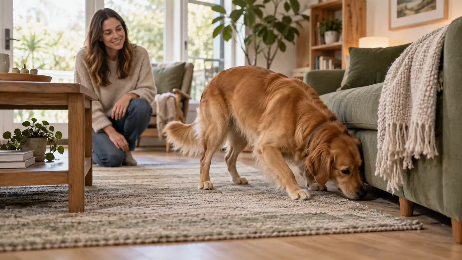 A dog searching for hidden treats indoors, nose to the floor