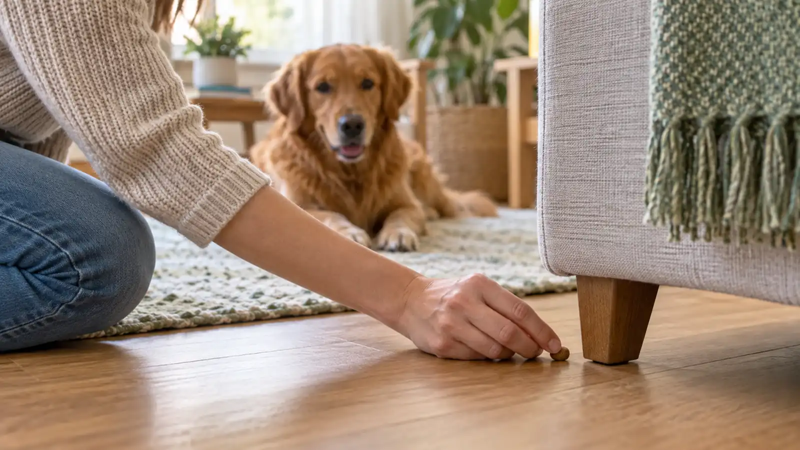 An owner hiding a treat in a low corner of a room