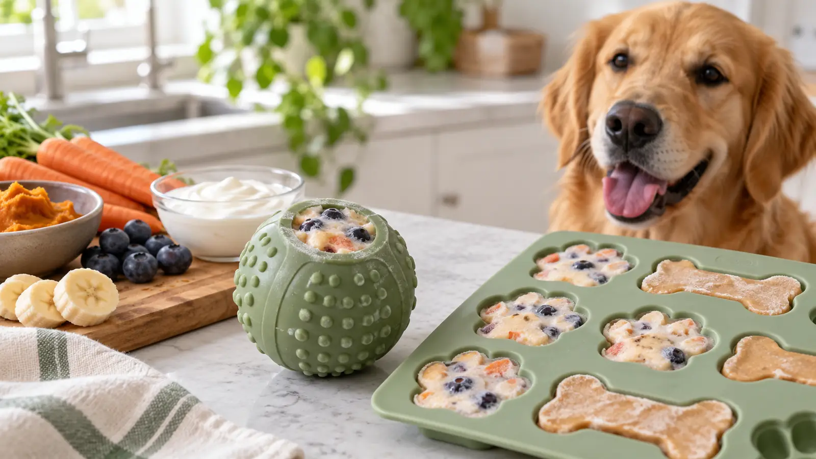 A finished frozen dog treat, stuffed and ready, in a rubber food toy