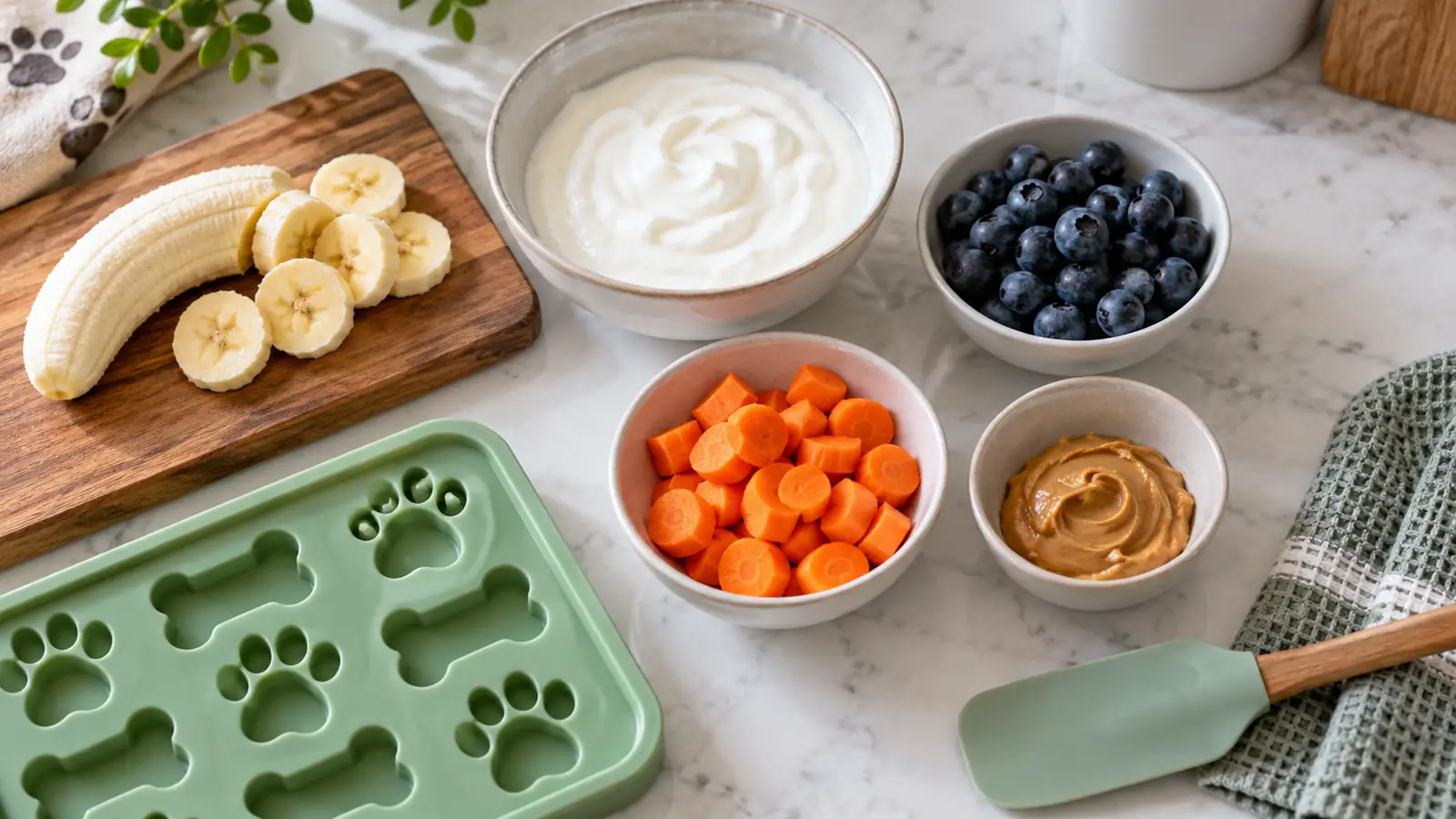 Safe ingredients laid out for a frozen dog treat: pumpkin, plain yogurt, and kibble