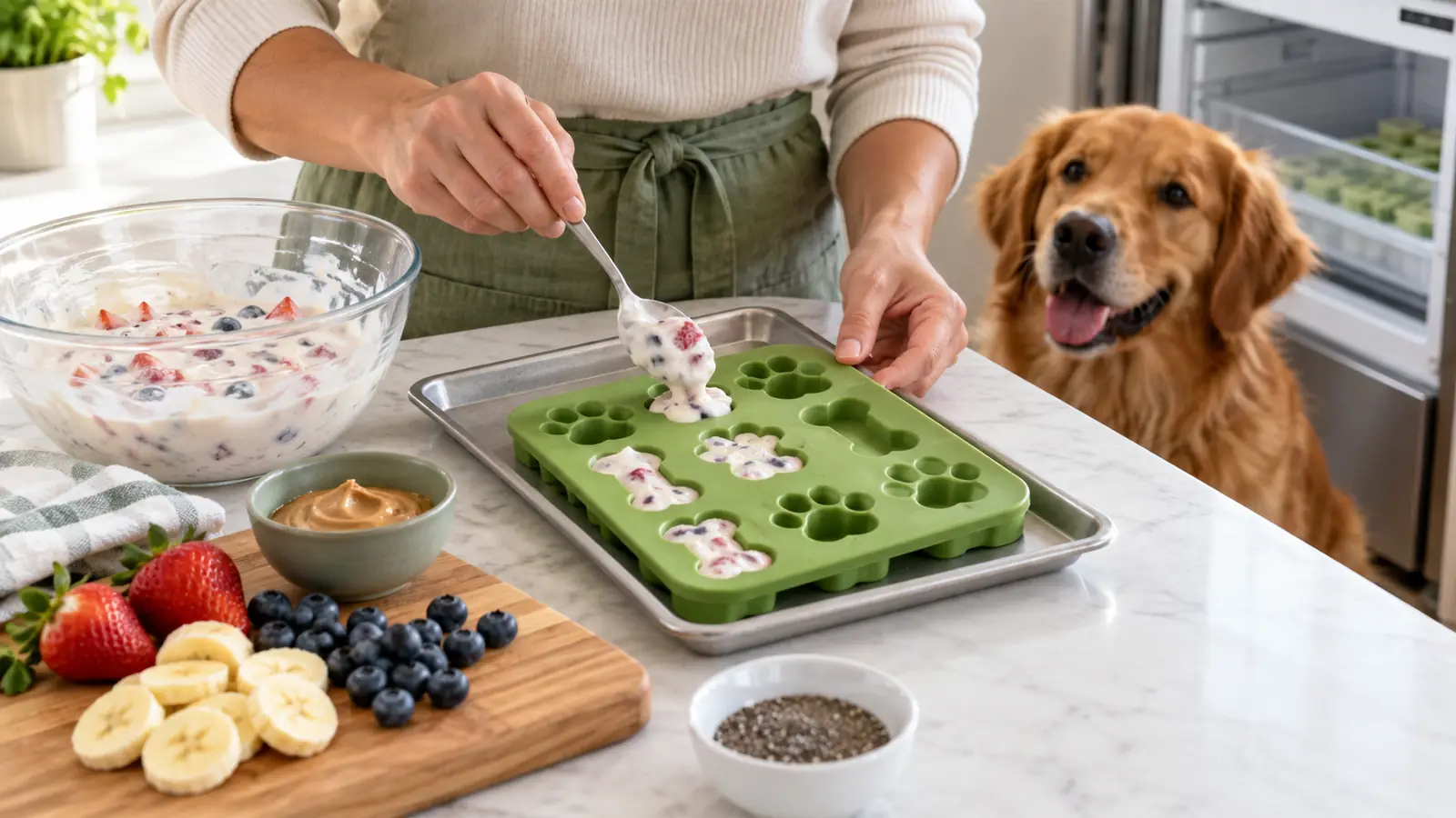 A frozen dog treat being prepared and poured into a mold