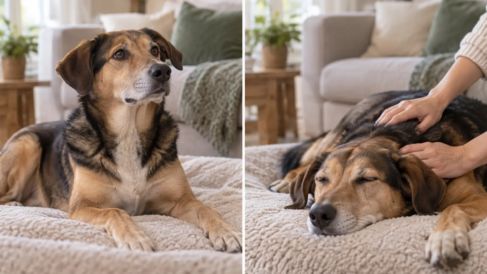 A dog's body language before and after a calming massage session