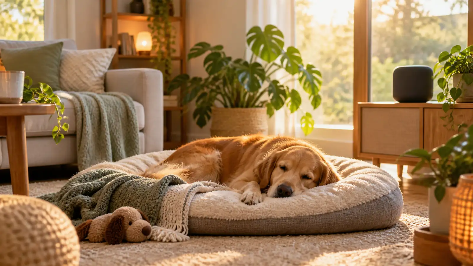 A cozy, dimly lit room set up with a speaker for a dog left alone
