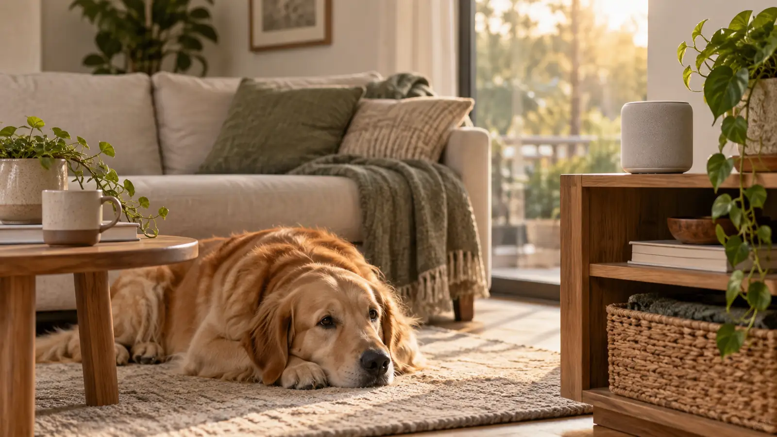 A speaker playing music in a living room with a relaxed dog nearby