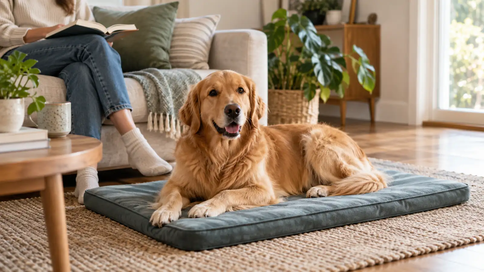 A dog lying calmly on a mat on the floor, relaxed and settled