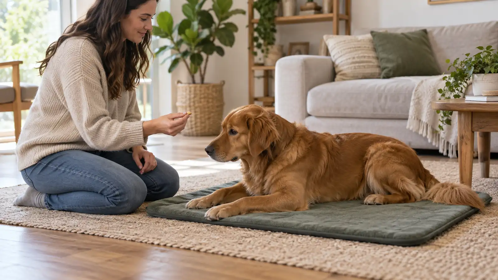 A dog settling into a down position on a mat