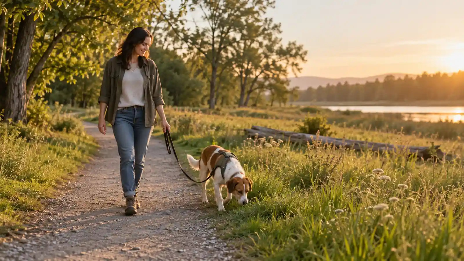 A dog and owner walking together at a calm, unhurried pace
