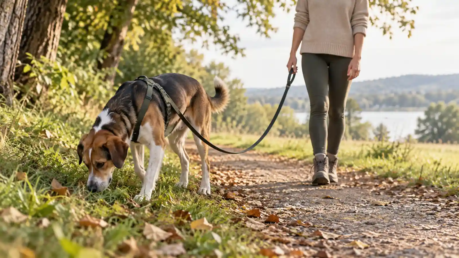 A dog sniffing the ground on a leash during an outdoor walk
