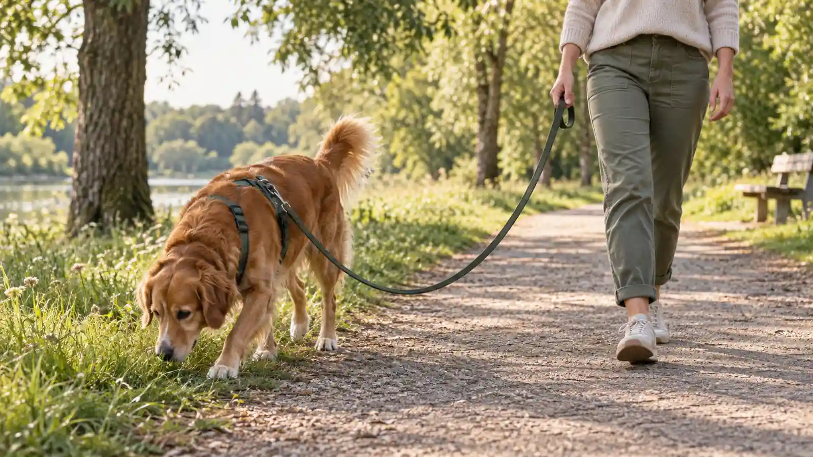 A dog walking on a relaxed, loose leash