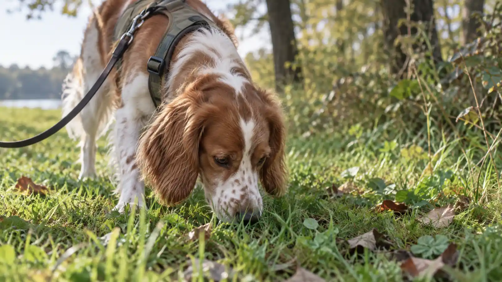 A dog with its nose down, sniffing intently in grass