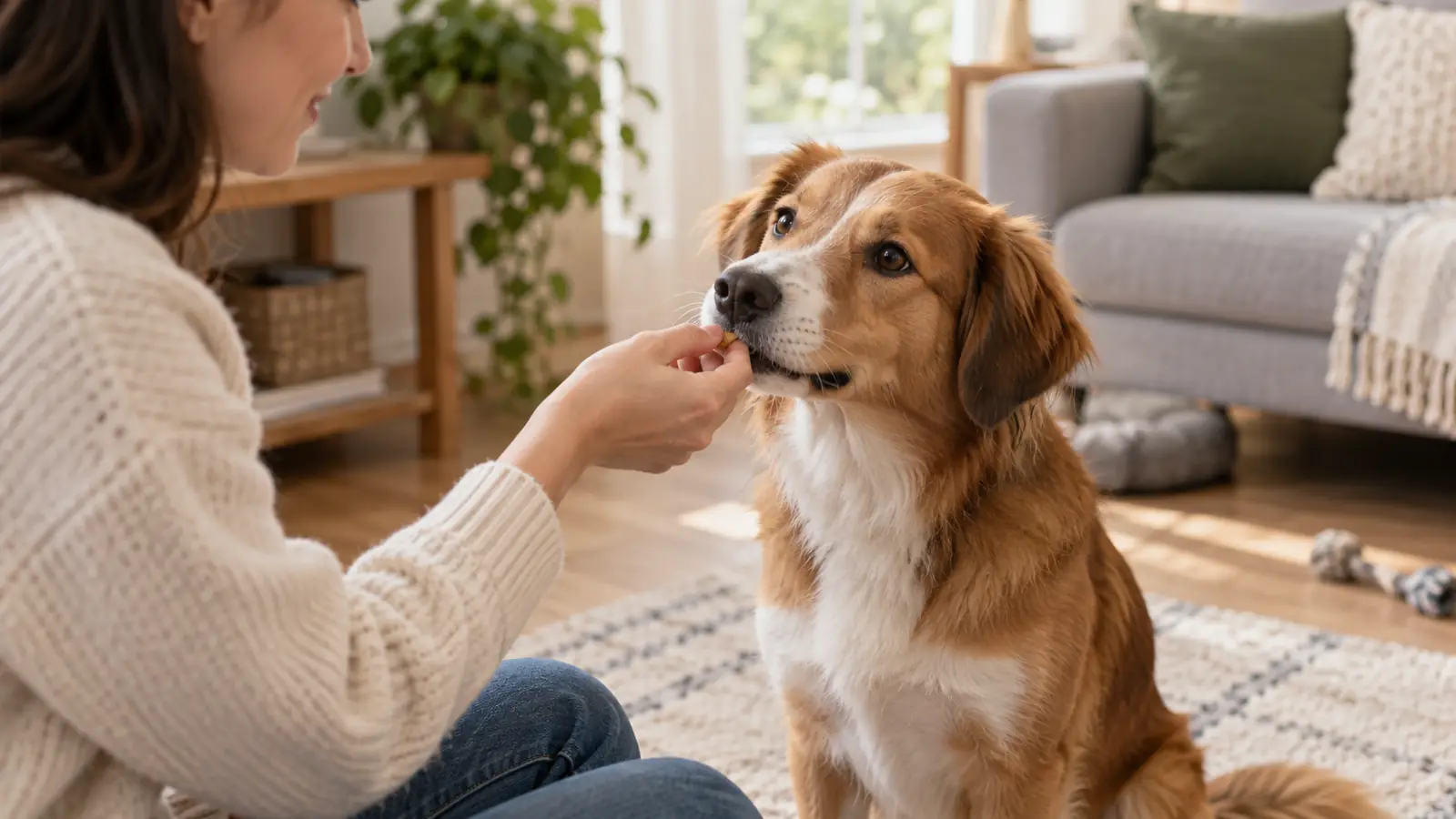 A dog receiving a treat immediately after completing a trick